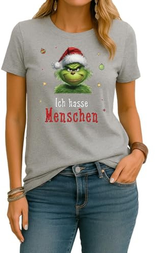 Grinch Ich Hasse Menschen | Weihnachten Christmas X-Mas Damen T-Shirt, Grau, M