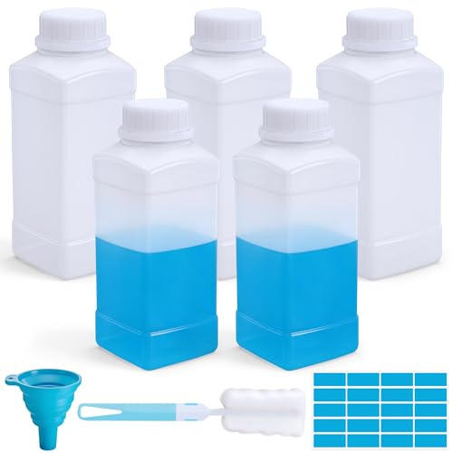 Ferenando 5 Stück 500ml Weithalsflaschen mit Schraubverschluß, HDPE | Plastikflaschen zum Befüllen 500ml, Wiederverwendbar, Dicht Laborflasche mit Deckel, Pinsel, Trichter & Aufkleber