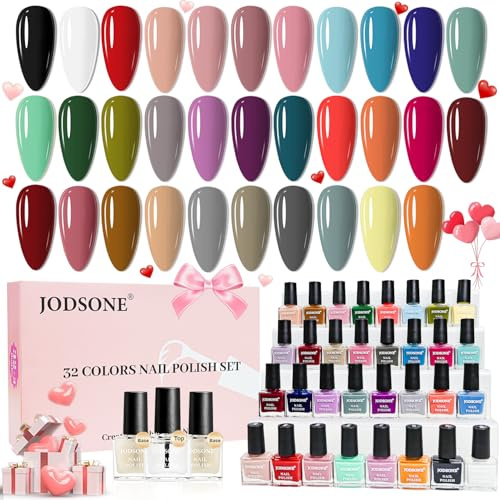 JODSONE Fast Drying Nail Polish Sets, 32 Colors 5ml Quick Dry Nail Varnish with Base Coat & Top Coat, 35Pcs Air Dry Long Lasting Nail Art DIY Manicure Kit for Women, Gift for Home Use
