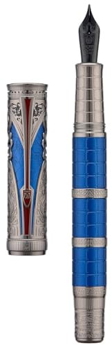 Hongdian D5X Füllfederhalter, blaue Farbe, mittlere Feder, Qin-Dynastie, Retro, chinesische Totem-Gravur, glattes Schreiben, Stift mit Konverter und Stiftebox