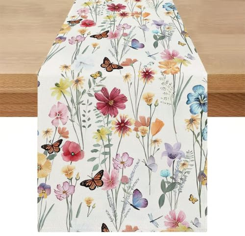 Tischläufer Modern Frühling Sommer 40x200 Abwaschbar Landhausstil Leinen Tisch Läufer Pflanzen Blumen Tischdecke Deko Natur Küche Esstisch Dekoration für Wohnzimmer Draußen Party Outdoor