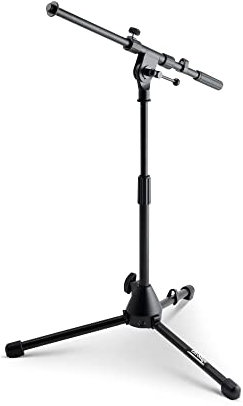 On-Stage MS7411B Drum/Amp Tripod Mic Stand with Boom (Short Microphone Setup, Miking for Drums and Amps, Adjustable Height and Boom, 5/8″-27 Threading, Portable, Folding, Tripod Base, Steel, Black)