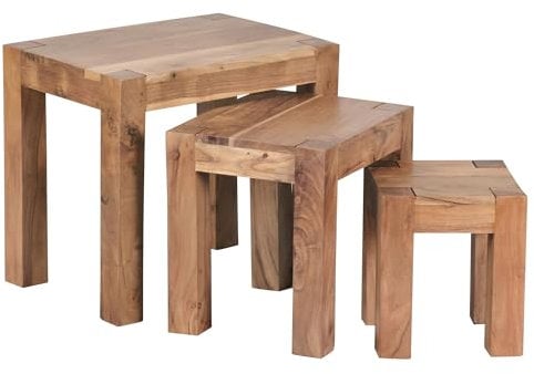 Wohnling 3er Set Satztisch Massiv-Holz Akazie Wohnzimmer-Tisch Landhaus-Stil Beistelltisch dunkel-braun Naturholz Couchtisch Natur-Produkt Wohnzimmermöbel Unikat Massivholzmöbel Echtholz Anstelltisch