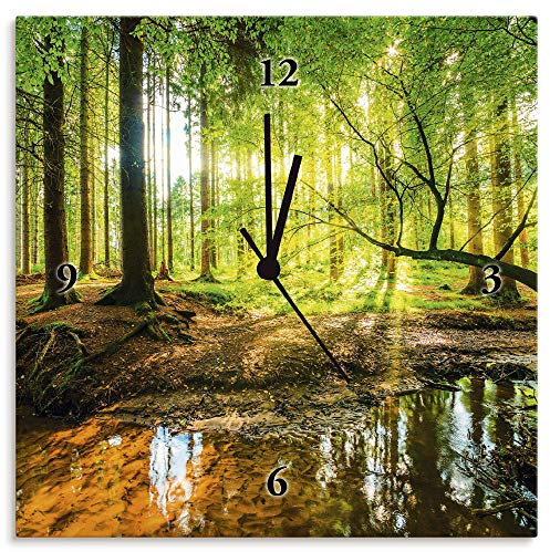 ARTLAND Wanduhr ohne Tickgeräusche Alu Quarzuhr 30x30 cm Quadratisch Lautlos Wald Landschaft Natur Sonne Bäume T9IO