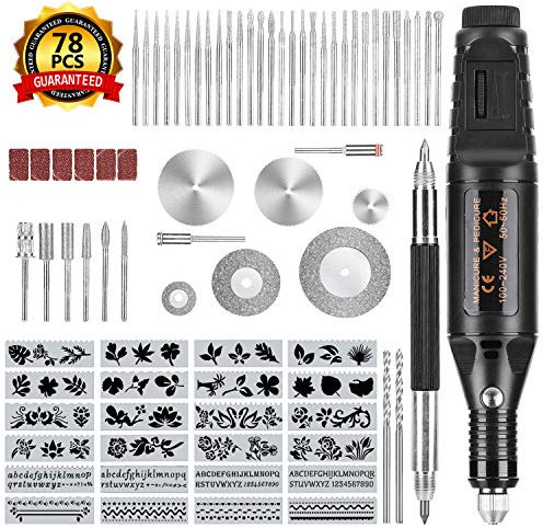 Winload Elektrischer Gravierstift, 78 Stück Gravierwerkzeugsatz, Elektro Graviergerät mit Scribe, 52 Bits und 24 Schablonen für Glas Holz Metall, Gläser Gravieren Werkzeug, DIY Gravur-Gerät