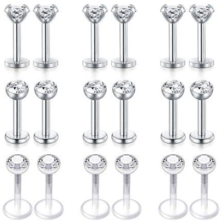 Rajnard 18er 16G 6mm Tragus Helix Piercing Lippenpiercing Stecker Silber Edelstahl& Bioflex mit kungel Tragus Helix Ohrring Labret Studs Piercing Schmuck