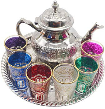Juego de té marroquí completo: Tetera 750 ml Bandeja típica 32 cm más 6 Vasos cristal de colores