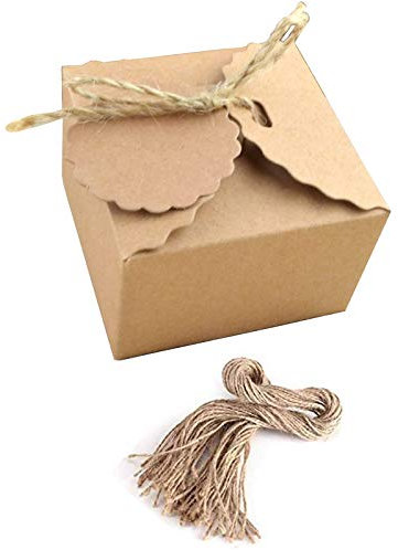 Etern 50PCS Kraft Paper Box Gift Box, Square Gift Wrapping Kraft Paper Box, with Batural Jute Twines, for Gift Packaging, Birthday Party Gifts, Festival Gifts (Jute Rope)