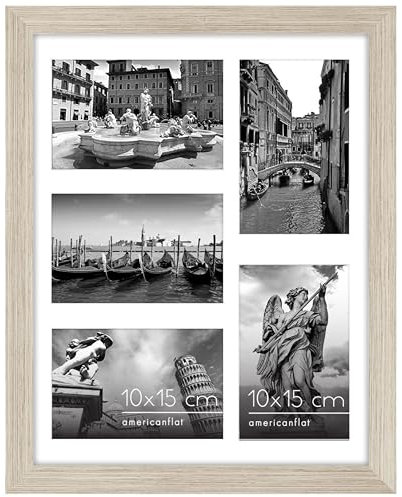 Americanflat Cadre Photo Bois Flotté en MDF 28x35 cm - Affichage de Cinq Photos 10x15 avec Fond et 28x35 sans Fond - Verre Résistant aux Chocs - Formats Horizontaux et Verticaux pour le Mur