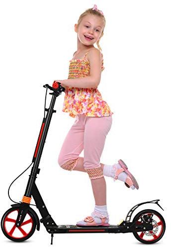 GYMAX Stunt Scooter höhenverstellbar, faltbarer Kickscooter mit 200 mm Rädern, Sports Tretroller mit Doppel Federung, inkl. Klingel & Tragegurt, bis 100 kg belastbar, für Kinder & Erwachsene (Schwarz)