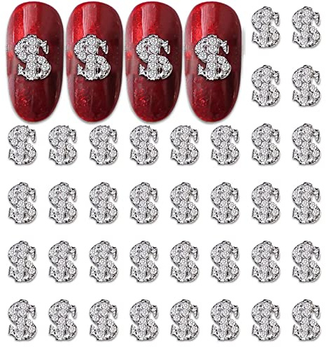 RUNRAYAY 40Pcs 3D Dollar Sign Nail Art Charms with Rhinestones, Silver Nail Studs Diamonds for Nail Art Accessories, Retro Nail Jewelry Decoration for DIY Crafts Nail Decor