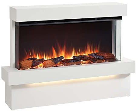 FLAMME Knighton 110cm/43 3-Sided Electric Free Standing Fireplace, Multiple Flame Colours, 1500W Heater, Crackling Sound Effect, Remote and APP Control, White