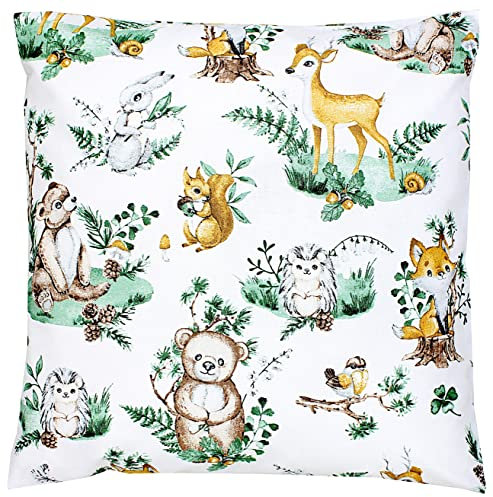 TupTam Kissenbezug Gemustert Bunte Kissenhüllen Dekokissen für Baby und Kinderzimmer, Farbe: Tiere in Blättern/Braun/Grün, Größe: 80 x 80 cm