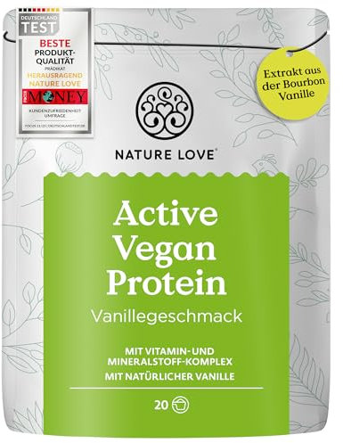 NATURE LOVE® Active Vegan Protein Pulver Vanille - 600 g - veganes Proteinpulver mit Vitamin- und Mineralstoff-Komplex - Eiweiß Protein Pulver ohne Zuckerzusatz - vegan und laborgeprüft