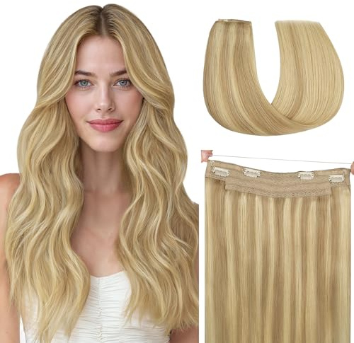 hotbanana Secret Hair Extensions Echthaar 35cm 75g | Hellblond mit Goldblonden Balayage‑Strähnchen (Aschton) Remy Haarverlängerung mit Draht Secret Draht Haarverlängerungen,
