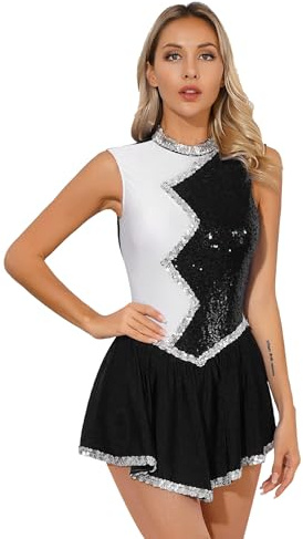 CHICTRY Kürkleider Eiskunstlauf Damen Ärmellos Akrobatik Kleid Pailletten Glitzer Ballettkleid Zweifarbig Patchwork Tanzkleid Akrobatin Kostüm Für Bühnenauftritt