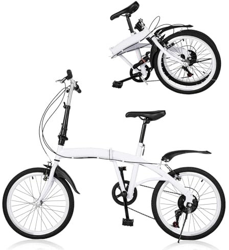 HINOPY Bicicleta plegable de 20 pulgadas, 6 velocidades, bicicleta plegable, doble freno en V, para hombre y mujer, apto para adultos a partir de 135 cm a 180 cm, color blanco
