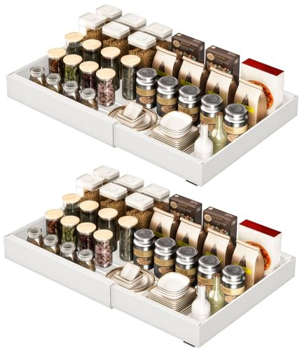 YheenLf Paquete de 2 organizadores adhesivos extraíbles para armarios de cocina, cajones deslizables y estantes para la despensa, ancho ajustable de 32 a 52 cm, Blanco