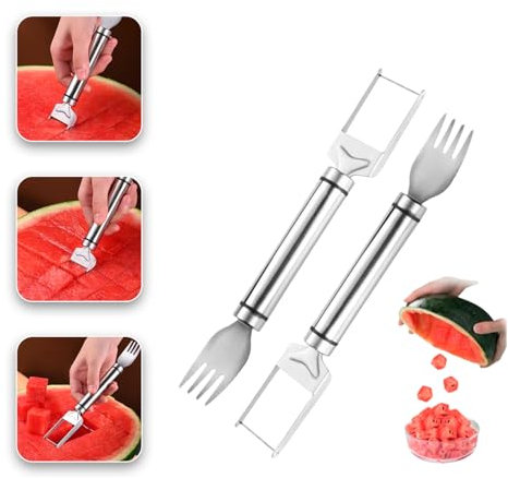 Cortador de sandia, Cortador de Sandia de Acero Inoxidable, Cortador con tenedor 2 en 1, Set 2 uds, Cortador de fruta, Rebanador de sandia, Herramienta de corte de sandia, Tenedor de Corte de Fruta