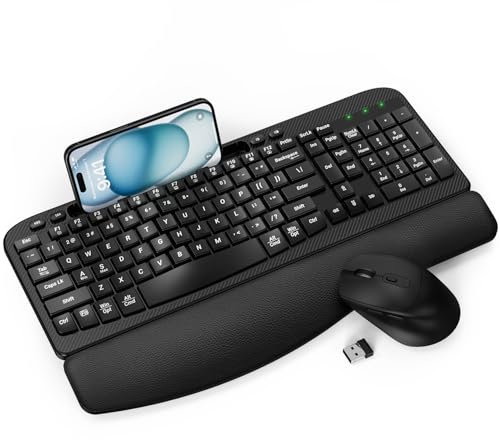 Wireless Keyboard and Mouse Combo, EAYBLLY Wave Keys Wireless Ergonomic Keyboard with Cushioned Wrist Rest, Phone Holder, 2.4GHz Silent Cordless Mouse Set for Computer, Laptop, PC, Windows