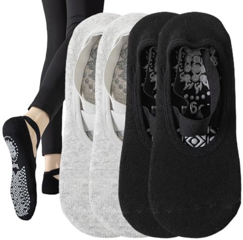 2 Paar Yoga Socken Damen, Rutschfeste Pilates-Socken für Yoga, rutschfeste Yoga-Socken für Damen, rutschfeste Socken für Damen, Pilates, Pure Barre, Ballett, Tanz, Schwarz und Grau