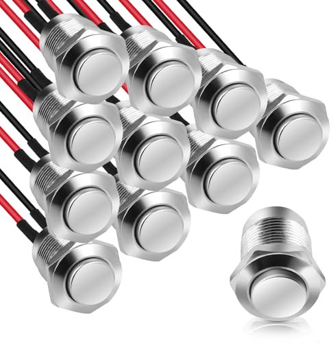 10 Stück Wasserdichte Drucktaster, 12mm Taster mit Draht, Momentanen Metall Druckschalter, 5A Schalter 12V/24V//125V/250V für Hupen, Elektrische Klingel, Auto (Hoher Kopf)