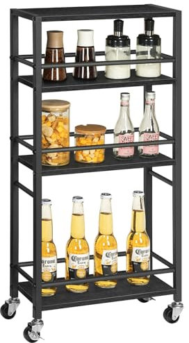 MAHANCRIS Servierwagen mit Rollen, Rollwagen mit 4 Ebenen, Küchenwagen mit Geländer, Barwagen mit Bremsen, Getränkewagen, für Küche, Wohnzimmer, Esszimmer, Schwarz ARCHB1401
