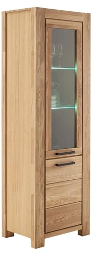 Lomadox Vitrine Vitrinenschrank, Türanschlag rechts, inkl. LED-Beleuchtung, Wildeiche teilmassiv geölt, Massivholz/Echtholz/Furnier