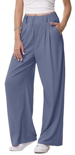 HMIYA Weite Hosen Damen-Lässig Locker Stoffhose Leichte Palazzo Hose Hohe Taille Dünne Herbst Hosen mit Tasche,Haze Blue,XXL