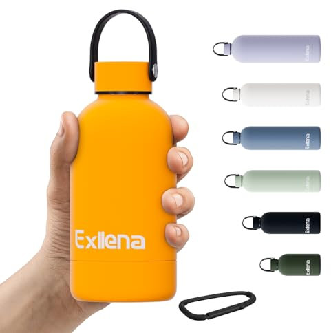 Exllena Trinkflasche Klein 350ml mit Griff & Karabiner–Edelstahl Trinkflasche 350ml, 100% auslaufsicher und BPA-frei, Mini Thermosflasche für Sport, Büro & Kinder (Mango)