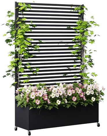 AeasyG Blumenkasten Rankgitter Polyrattangeflecht Rankhilfe Pflanzkasten Metall Pflanztopf mit Laubengitter-Privatsphäre-Schirm, gehobener Gartentopf mit Laubengitter und Rädern