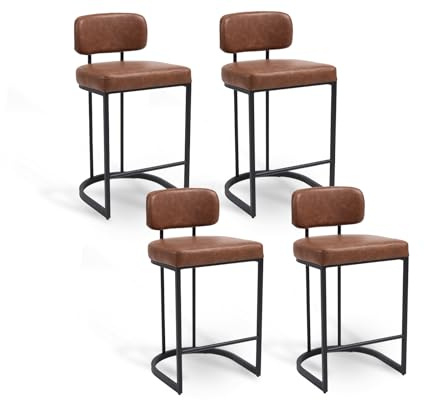 DAYALANE Barhocker 4er Set, Bar Stools industriell, Braun | Barstuhl mit Lehne & Fußstütze, Tresenhocker aus Kunstleder, Bistrohocker für Küche Bistro Café
