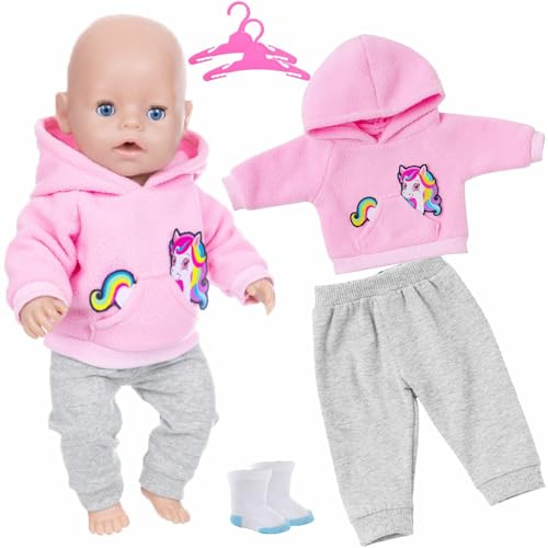 Puppenkleidung 35-45cm,Kleidung Outfits für Baby Puppen,Puppe Kleidung Set,Puppenkleider für 43 cm,Puppenkleidung Zubehör Inklusive Rosa Sweatshirt,Grauer Hose,Socken,Kleiderbügel(Rosa)