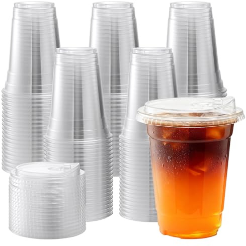 Goodluck Plastic Cups with Lids | 100 Pack 12oz/340ml Clear Cold Drinks Iced Coffee Plastic Cup for Smoothies,Milkshakes,Iced Tea-Summer,Party,Picnic,Takeaway