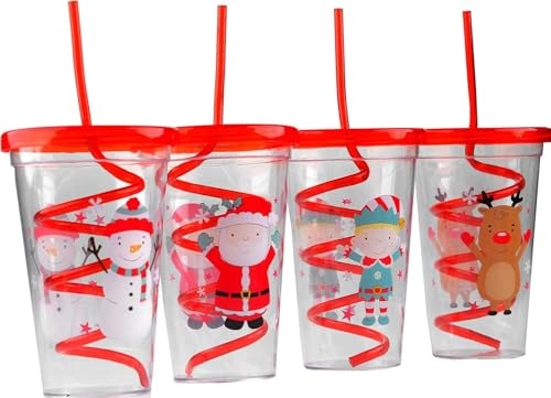 Set of 4 Plastic Christmas Drinking Cups for Kids, Swirling Spiral Lid and Straw