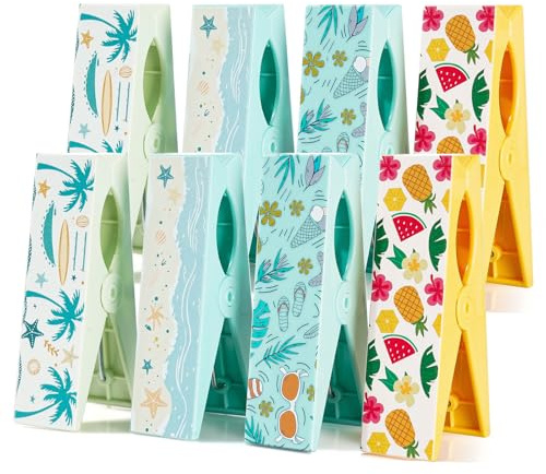 VINATO 8 Pezzi Mollette per Bucato Grandi, 11 cm - Pinze per Asciugamani da Spiaggia e Coperta con Molla Resistente, per Vento, Spiaggia, Casa, Campeggio (Motivi Colorati)