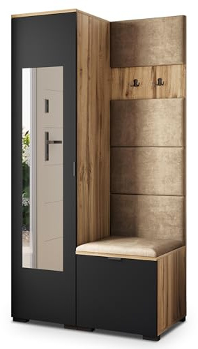 Masseno Flugarderoben Set VIRA, Kleiderschrank-Set mit Spiegel und Sitzbank, Garderobenschrank Flur mit 3 Regalböden, Eiche Wotan/Schwarz