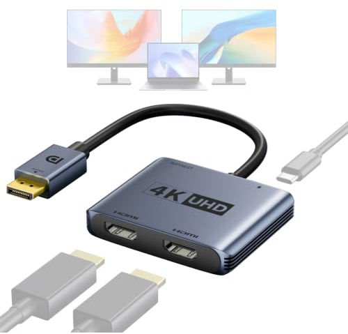 AGFINEST DisplayPort auf Dual HDMI Adapter, Dual 4K@60Hz oder 2K@120Hz, Dual Monitor Splitter, MST Hub für erweiterten Desktop & Spiegelung, vergoldet, kein Treiber nötig, für PC/Gaming/Laptop/Beamer