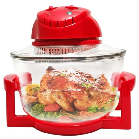 HiJiuan Halogen-varmluftsfritös, 1 300 W, 12 L kapacitet, justerbar tid och temperatur (125–250 °C), multifunktionell halogenugn, för kök/matsal röd