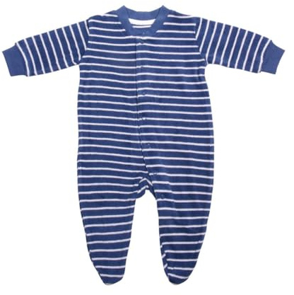 Living Crafts - BEE | Schlafanzug - Warmes weiches Frottee, mit Füßchen, durchgehende Knopfleiste, Rippbündchen, Chrom- und Nickelfreie Druckknöpfe (62, Denim Blue/White Striped)