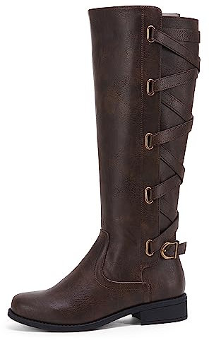 Syktkmx Damen-Motorradstiefel, kniehohe Stiefel, Winter, Schnürung, Reiten, flacher niedriger Absatz, 1-dunkelbraun, 41 EU