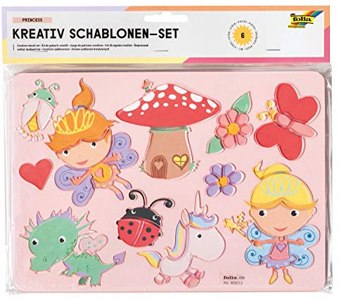 folia 40613 - Kreativ - Schablonen Princess, 6 Schablonen inklusive Ausmalvorlagen, zum Malen von märchenhaften Figuren, einfache Anwendung mit Buntstiften, Filzstiften und Markern