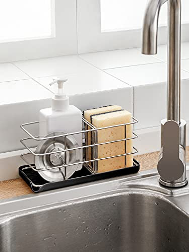 Timpou - Soporte de Esponja de acero Inoxidable 304 Multifuncional para Fregadero de Cocina, Organizador de Fregadero, Bandeja escurridor, jabonera, Panel Ajustable para Colgar(Black)