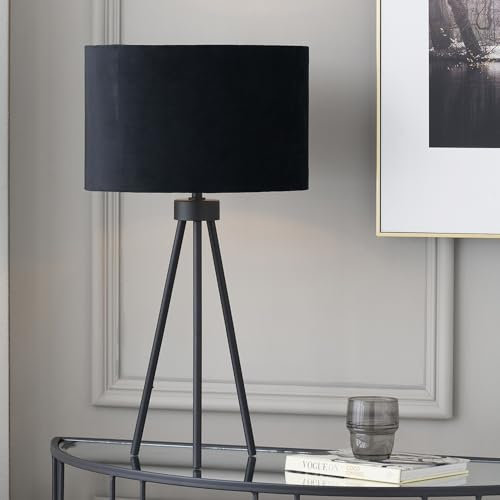 Pacific Lifestyle Modern Art Deco Tripod Table Lamp with Velvet Lampshade | Living Room Table Lamps for Bedroom (Black)