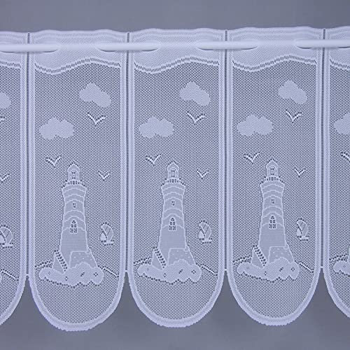 Gardinen Röttger Scheibengardinenstoff weiß Leuchtturm Möwen 44cm hoch