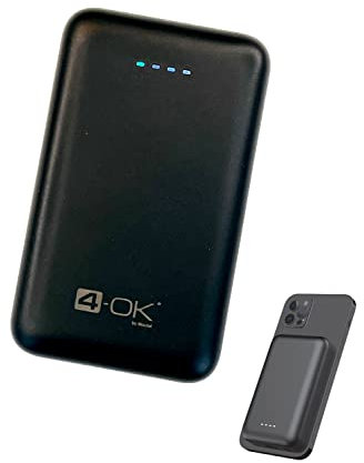 4-Ok Power Bank Magnetico 5000 mAh. Caricatore magnetico senza fili portatile compatibile con dispositivi Magsafe. Powerbank Batteria esterna di ricarica QI 15 W e due uscite di ricarica USB C e A
