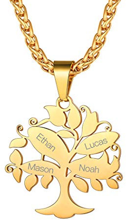 Suplight Arbre de Vie Prénom personnalisé Collier 2 Prénoms Gravé Acier Inoxydable Charm Arbre de Vie pour Famille avec Chaîne 55cm+5cm Bijoux Personnalisé Fête des Mère Anniversaire Noël