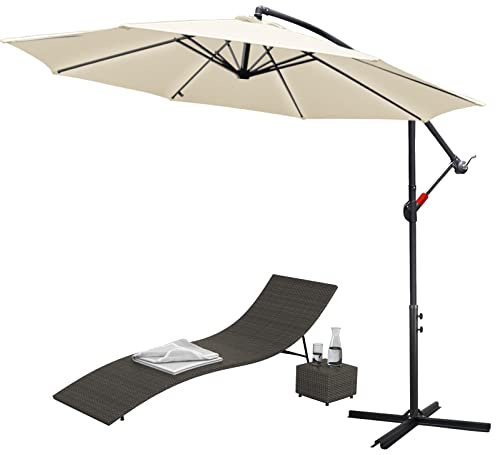 Sonnewelt 350 cm Parasol déporté en aluminium | Parasol de jardin exterieur | Parasol de jardin en aluminium anti-UV | Parasol à manivelle avec pied imperméable (Beige)