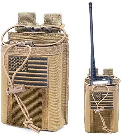 Molle Radio Pouch Case - Tactical Radio Holster Military Heavy Duty Radios Holder Bag for Two Ways Walkie Talkies Adjustable Storage with Tan Extra USA Flag Patch