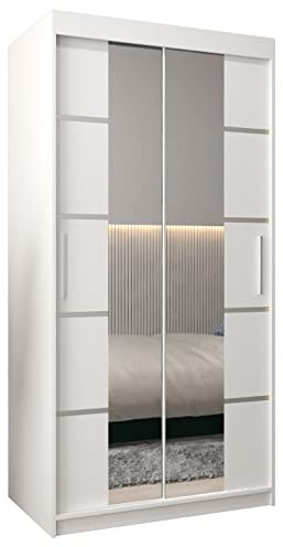 MEBLE KRYSPOL Verona 4 100 Schlafzimmerschrank mit Zwei Schiebetüren, Kleiderschrank mit Spiegel, Schiebetürenschrank Kleiderstange und Regalen – 100x200x62cm - Mattweiß